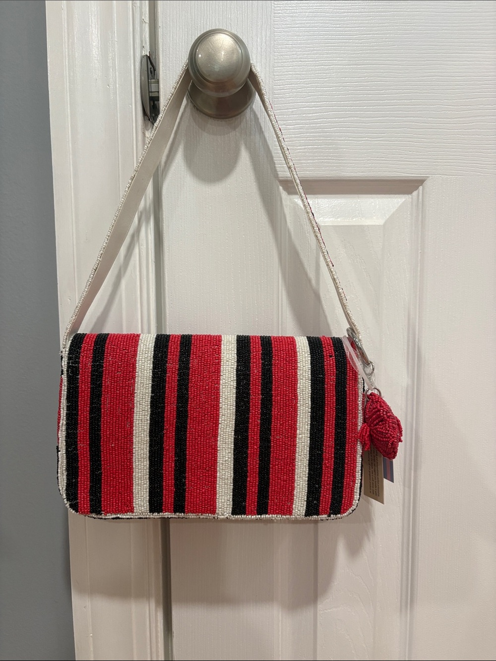 Striped & Polka Dot Beaded Shoulder Bag - Black / Red - Picture 2 of 5